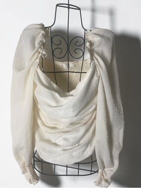 Astr Cream Draped Cowl Neck Puff Sleeve Blouse